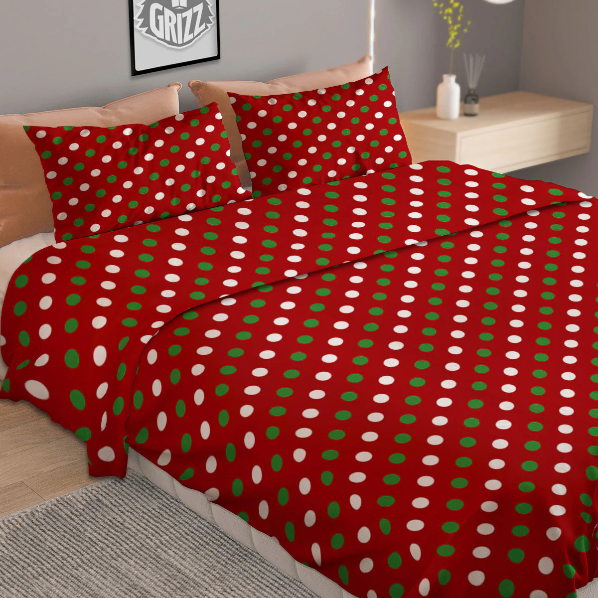Polka Dot Red And Green Print Pattern Duvet Cover Bedding Set - Image 2