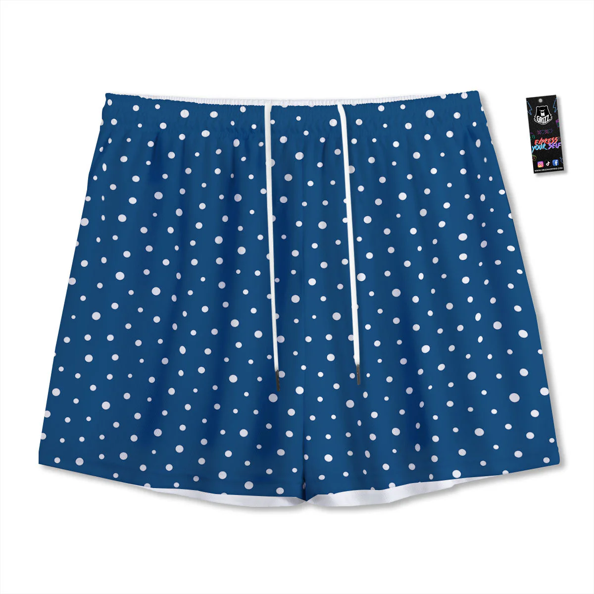 Polka Dot White And Navy Print Pattern Mesh Shorts