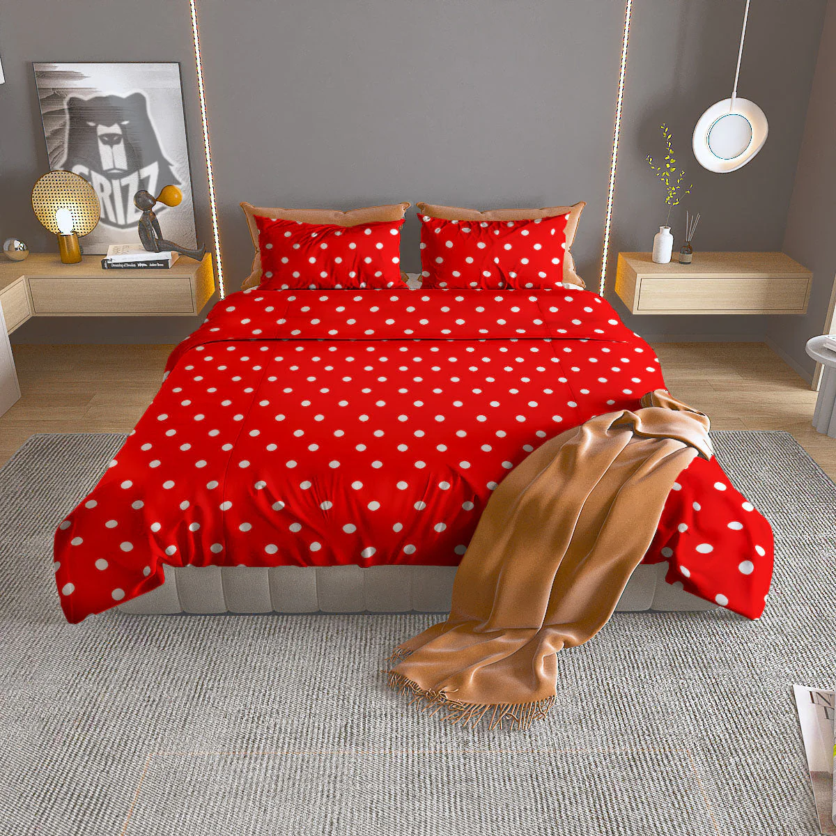Polka Dot White And Red Print Duvet Cover Bedding Set