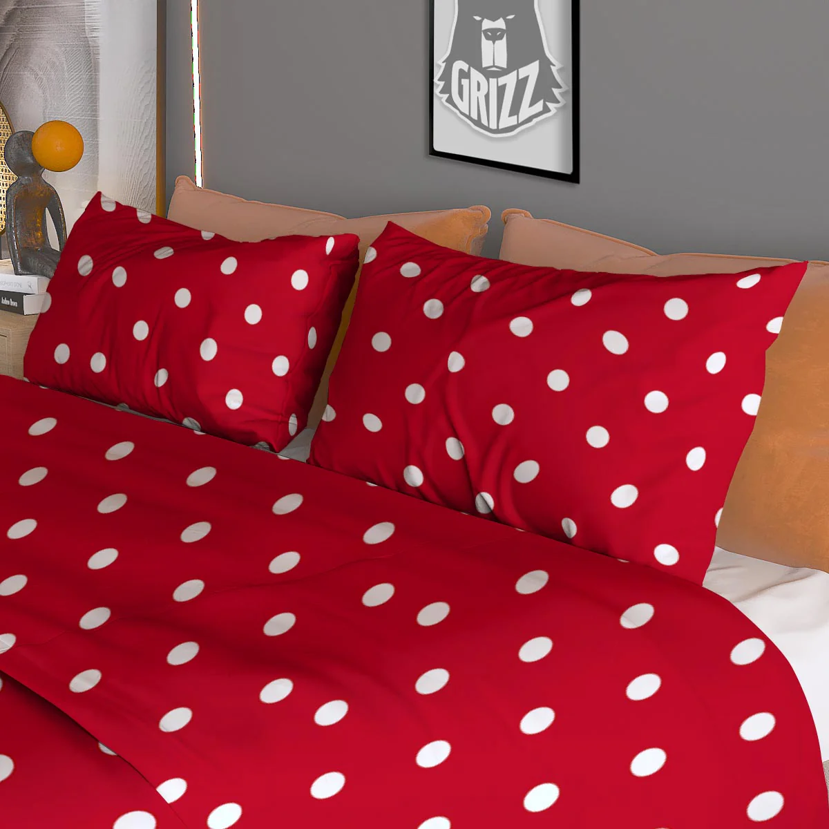 Polka Dot White And Red Print Pattern Duvet Cover Bedding Set - Image 3