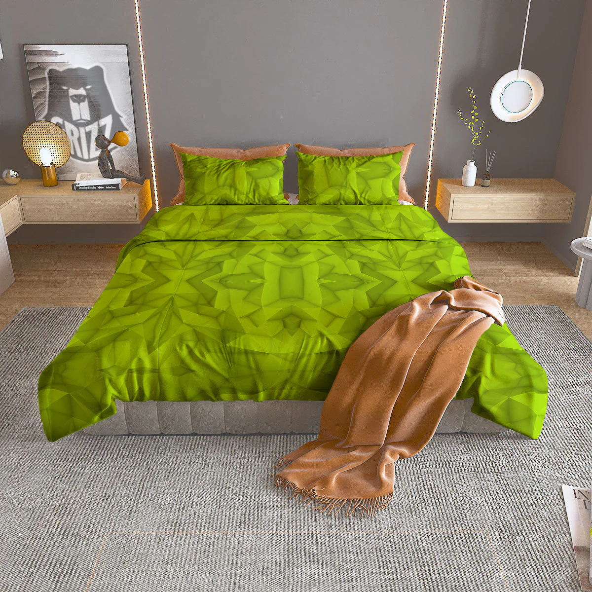 Polygonal Geometric Lime Green Print Duvet Cover Bedding Set