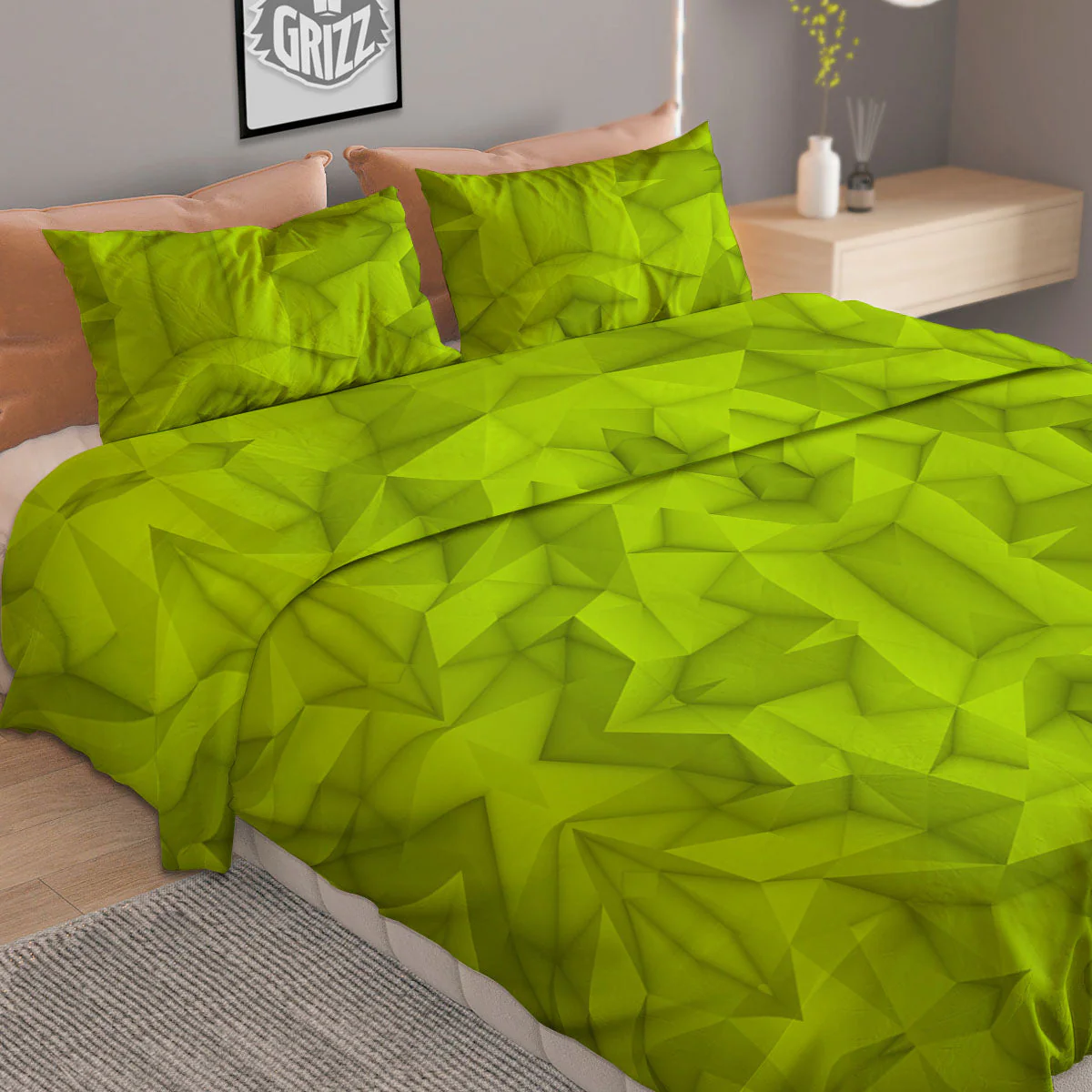 Polygonal Geometric Lime Green Print Duvet Cover Bedding Set - Image 2