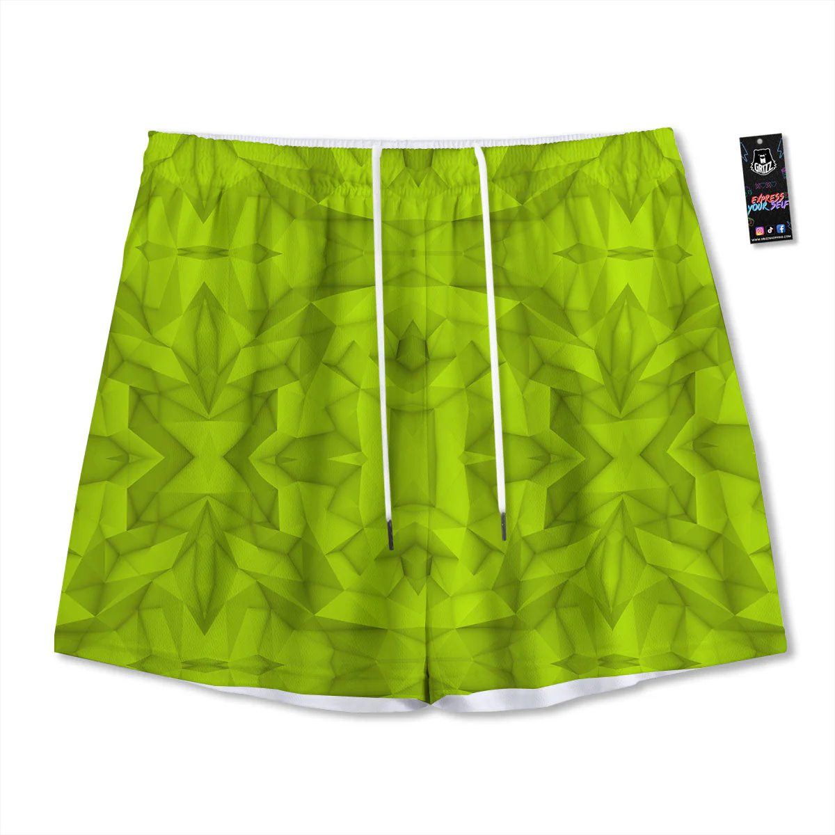 Polygonal Geometric Lime Green Print Mesh Shorts