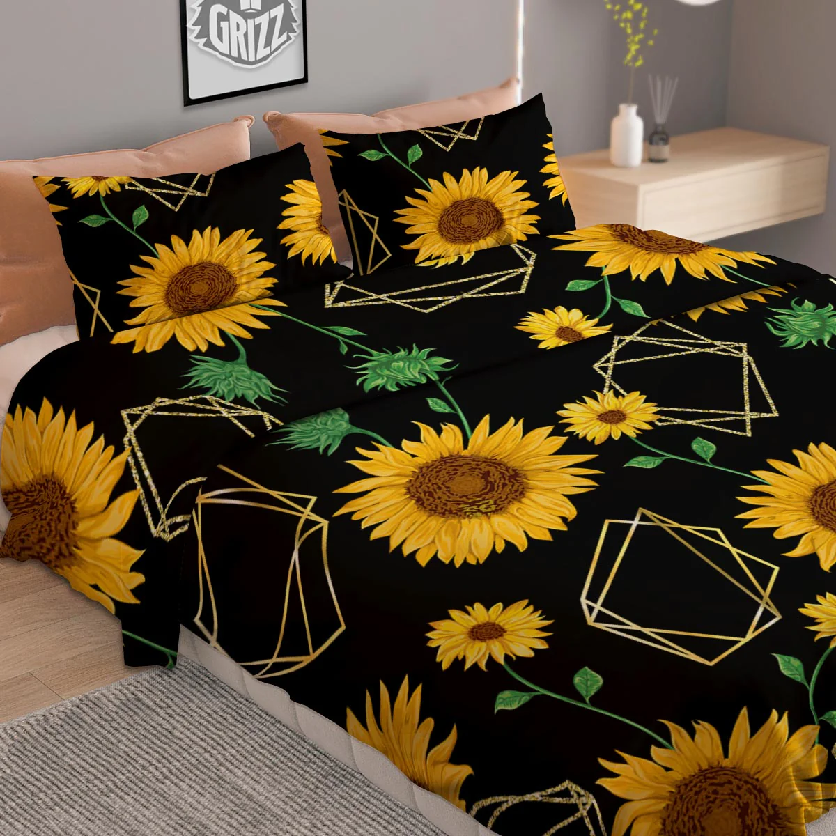 Polygonal Sunflower Print Pattern Duvet Cover Bedding Set - Image 2