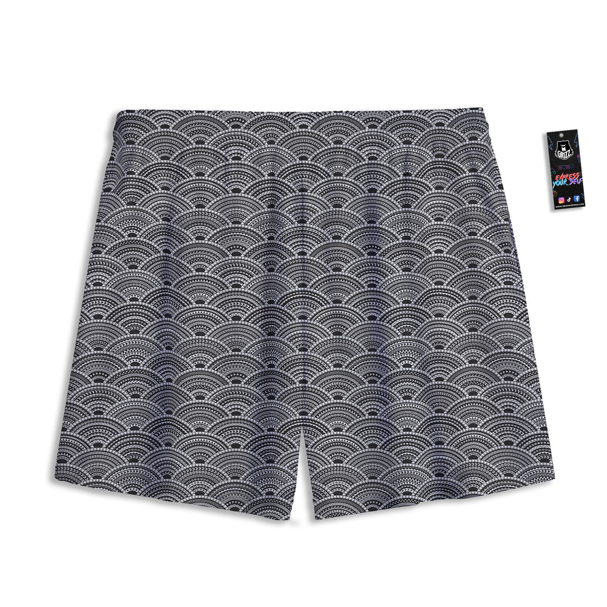 Polynesian White And Black Print Pattern Mesh Shorts - Image 2