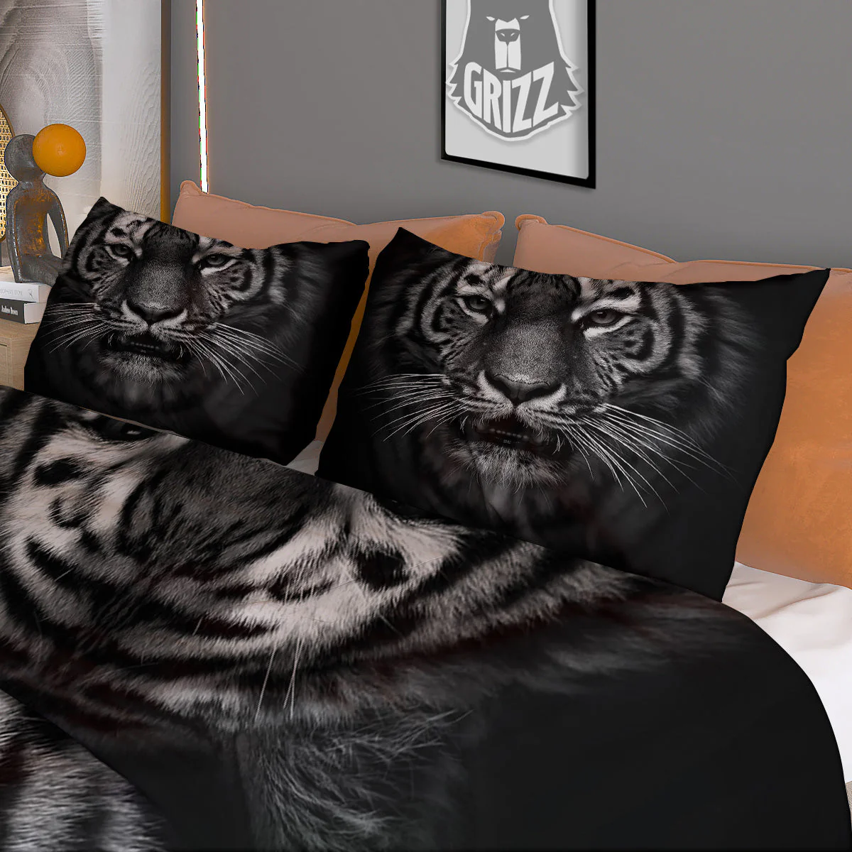 Portrait Black Tiger Print Duvet Cover Bedding Set - Image 3