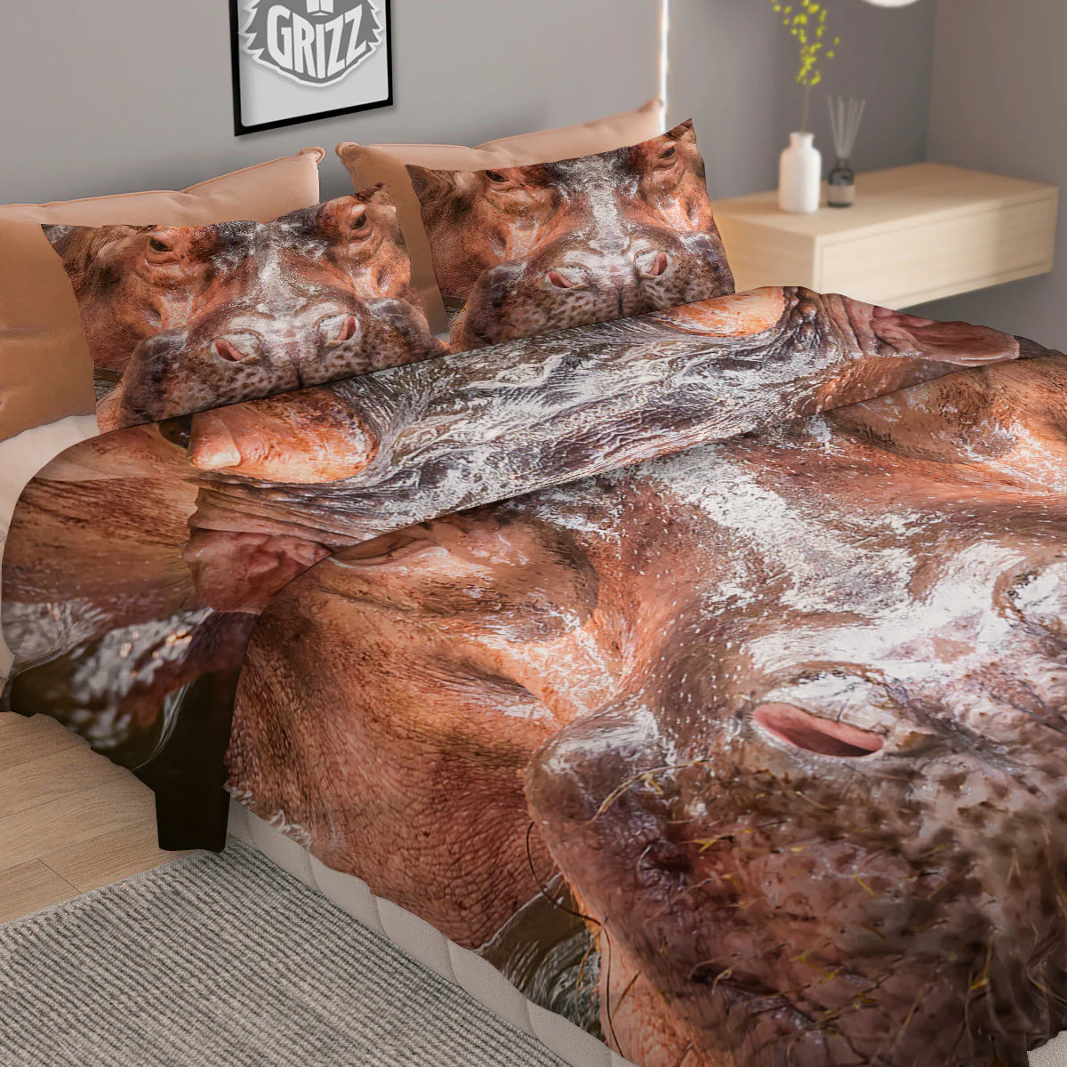 Portrait Hippo Print Duvet Cover Bedding Set - Image 2