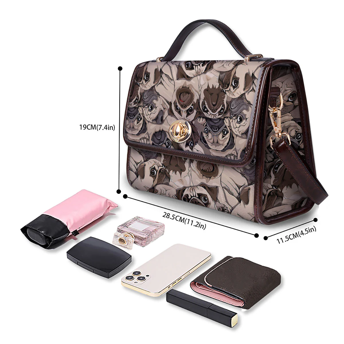 Portrait Pug Vintage Print Pattern Women's Satchel Bag - Image 4
