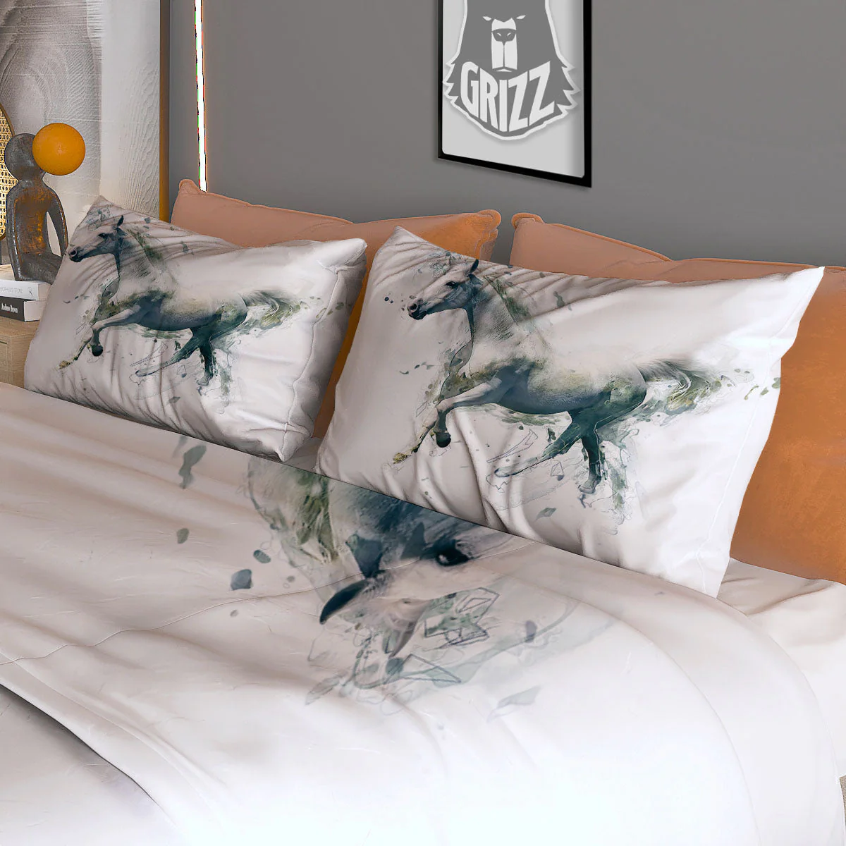 Portrait White Horse Print Duvet Cover Bedding Set - Image 3