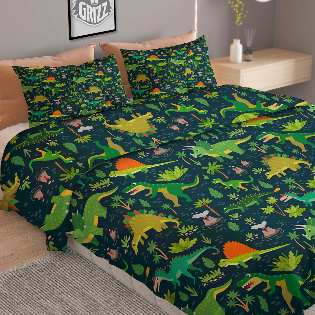 Prehistoric Plants And Dinosaur Print Duvet Cover Bedding Set - Image 2