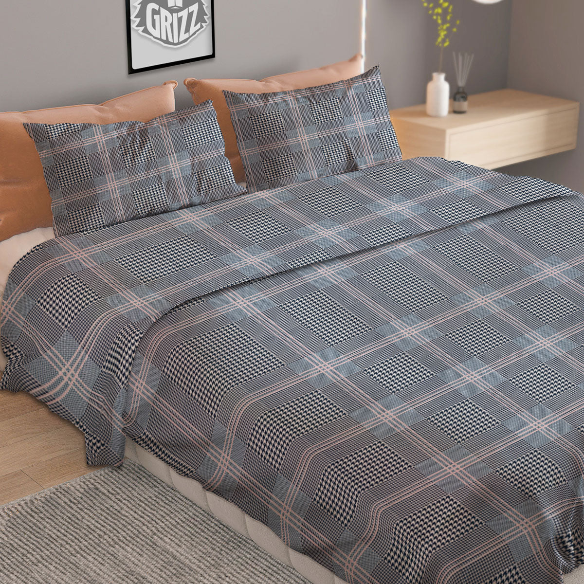 Prince of Wales Navy Blue Check Print Duvet Cover Bedding Set - Image 2
