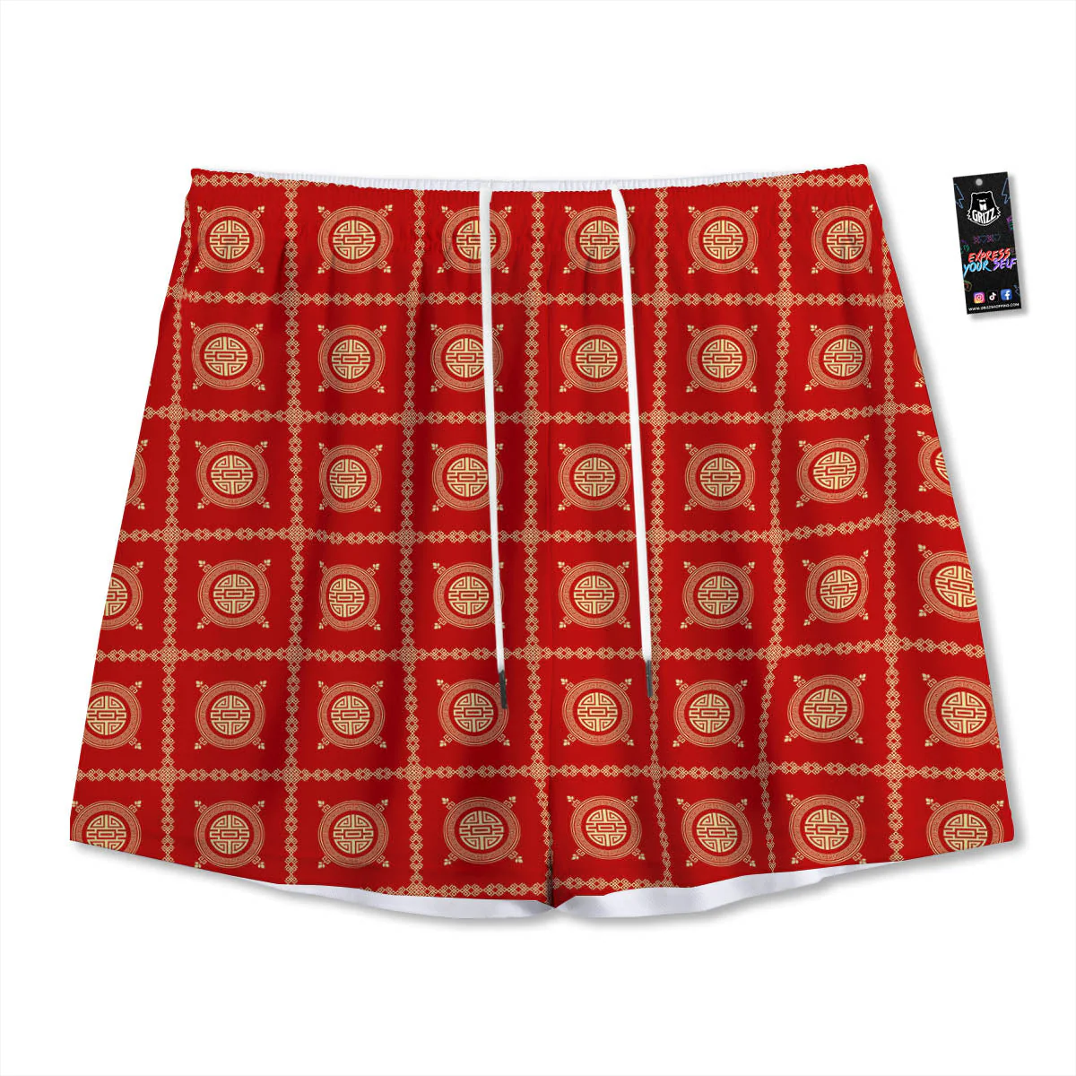 Prosperity Symbol Chinese Print Pattern Mesh Shorts