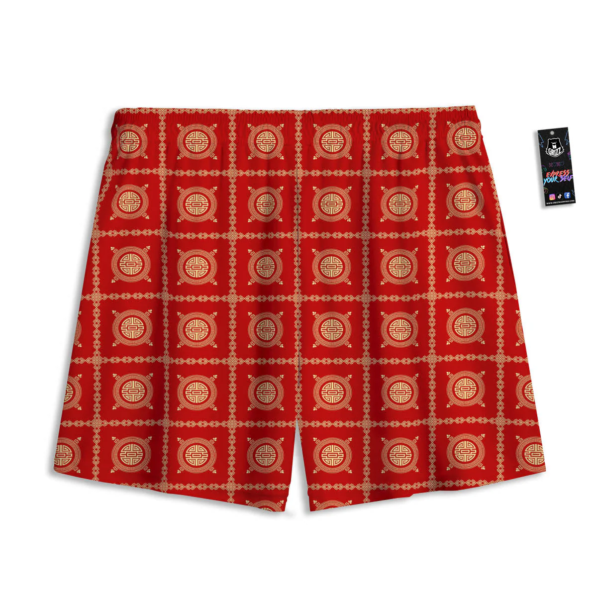 Prosperity Symbol Chinese Print Pattern Mesh Shorts - Image 2