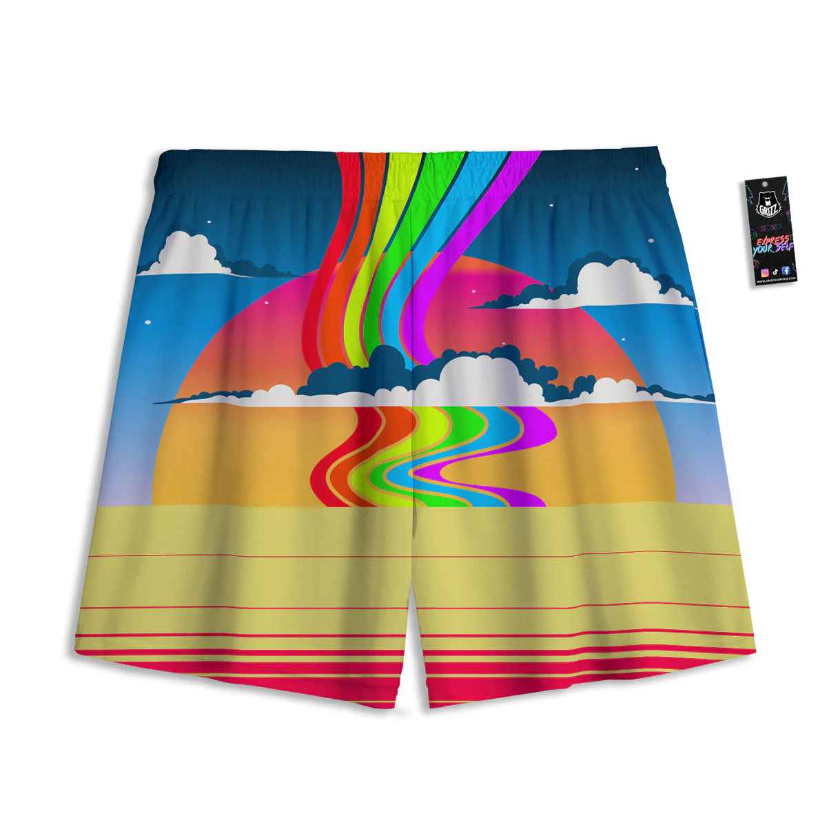 Psychedelic And Gradient Sky Rainbow Print Mesh Shorts - Image 2
