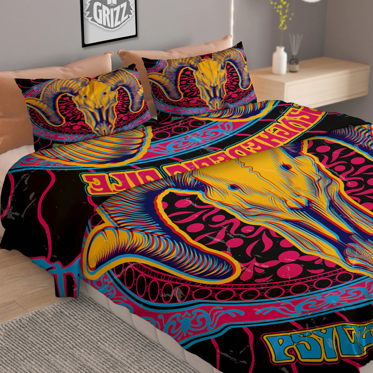 Psychedelic And Ram Skull Print Duvet Cover Bedding Set - Image 2
