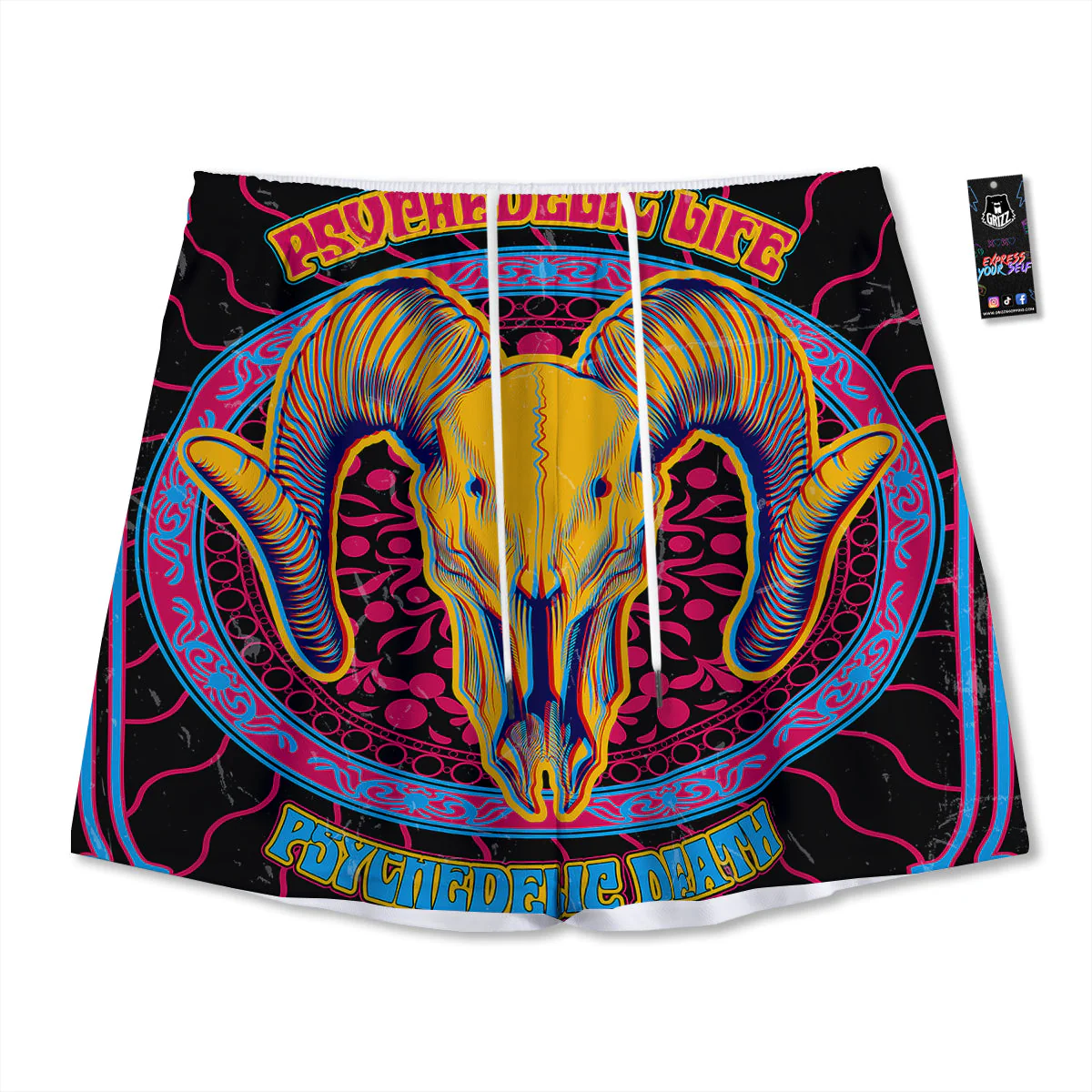 Psychedelic And Ram Skull Print Mesh Shorts