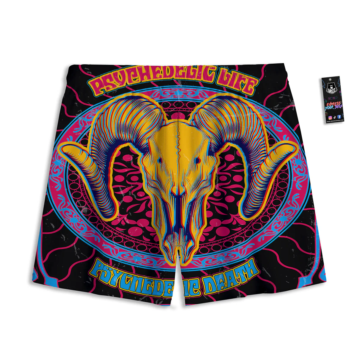 Psychedelic And Ram Skull Print Mesh Shorts - Image 2