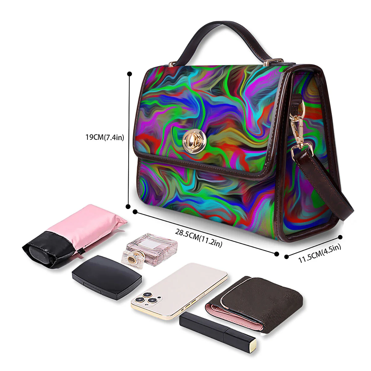 Psychedelic Trippy Neon Green Print Women's Satchel Bag - Image 4