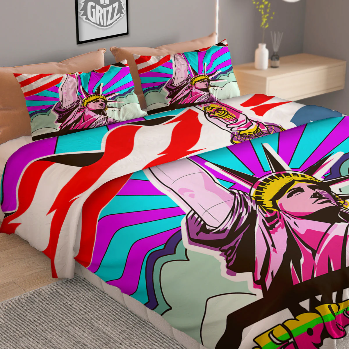 Psychedelic USA Statue of Liberty Independence Day Print Duvet Cover Bedding Set - Image 2