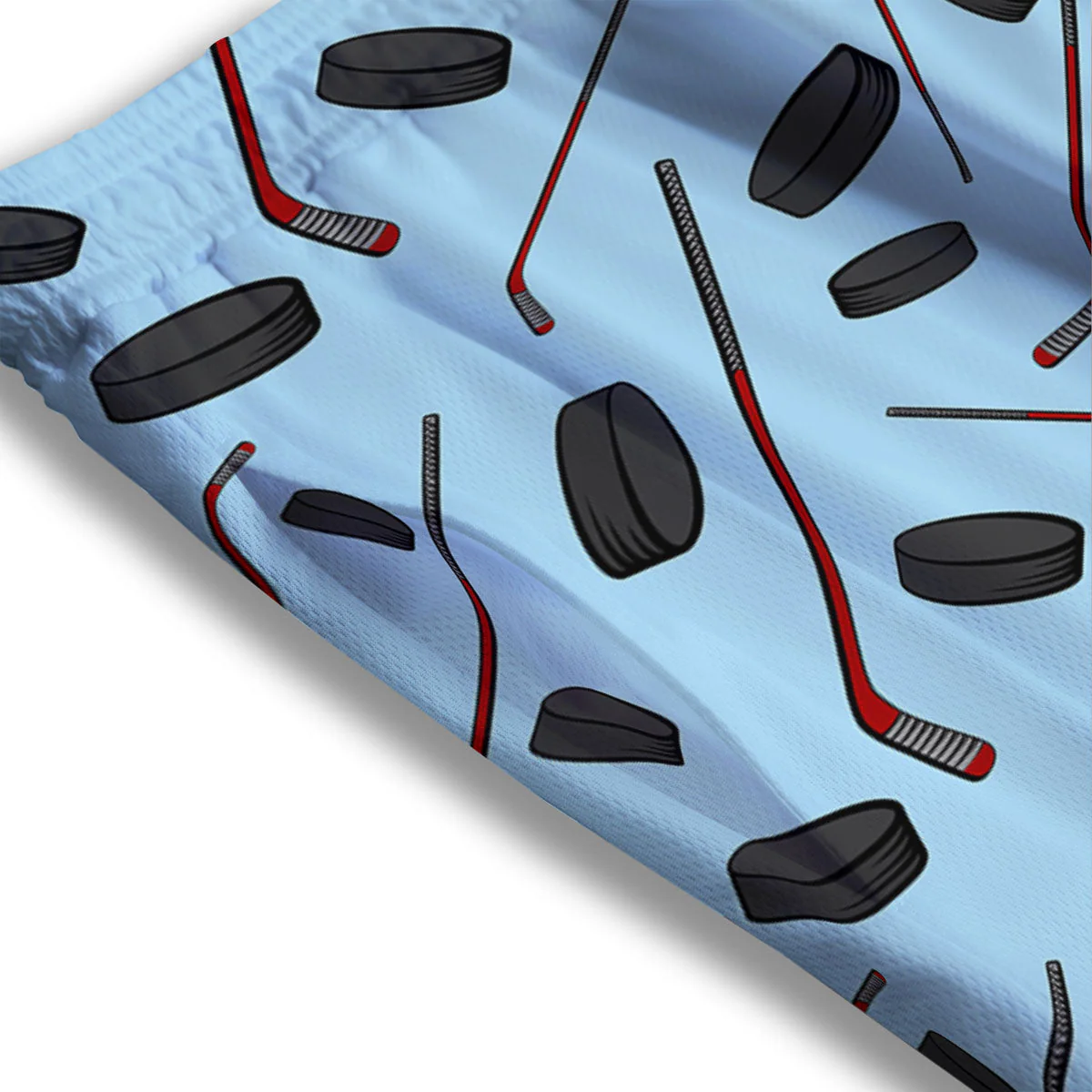 Puck And Hockey Stick Print Pattern Mesh Shorts - Image 3