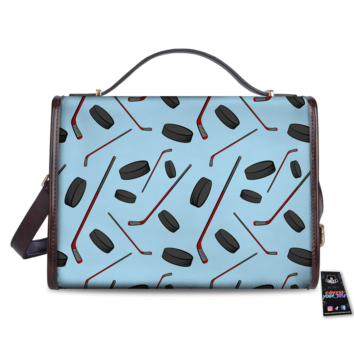 Puck And Hockey Stick Print Pattern Women's Satchel Bag - Image 2