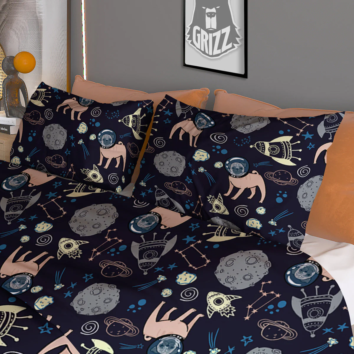 Pug And Astronaut In The Space Print Pattern Duvet Cover Bedding Set - Image 3