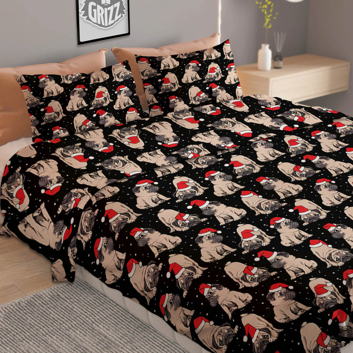 Pug Christmas Santa Print Pattern Duvet Cover Bedding Set - Image 2