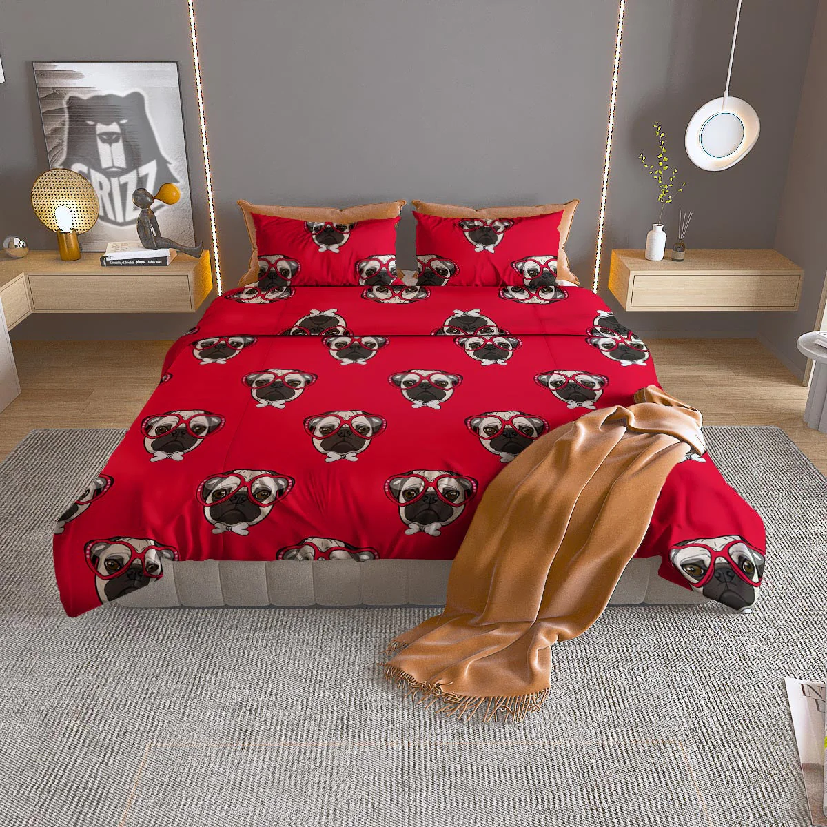 Pug Red Glasses Print Pattern Duvet Cover Bedding Set
