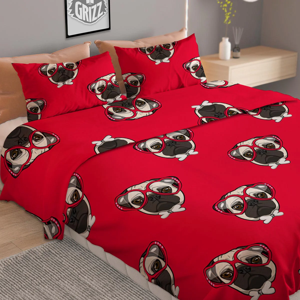 Pug Red Glasses Print Pattern Duvet Cover Bedding Set - Image 2
