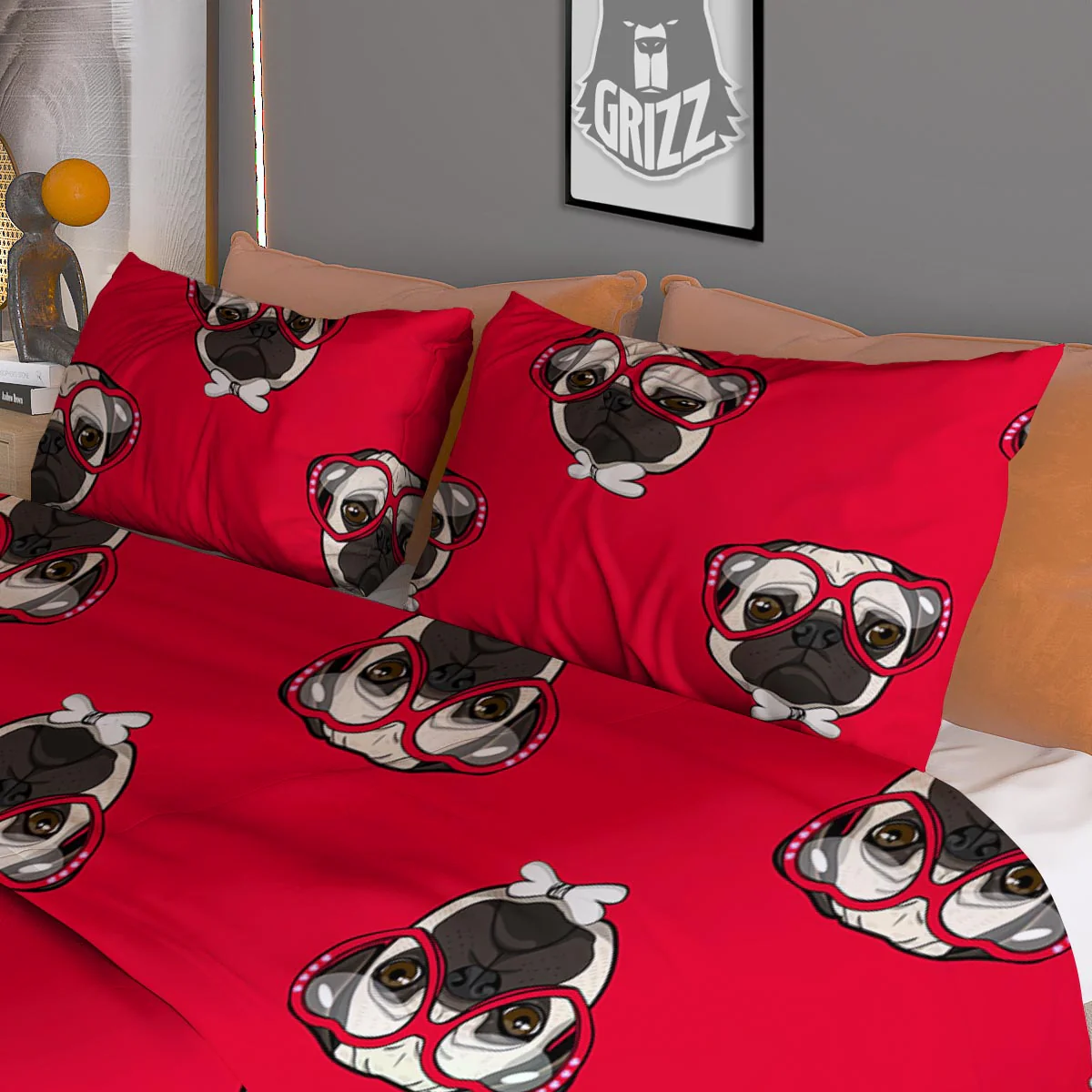 Pug Red Glasses Print Pattern Duvet Cover Bedding Set - Image 3