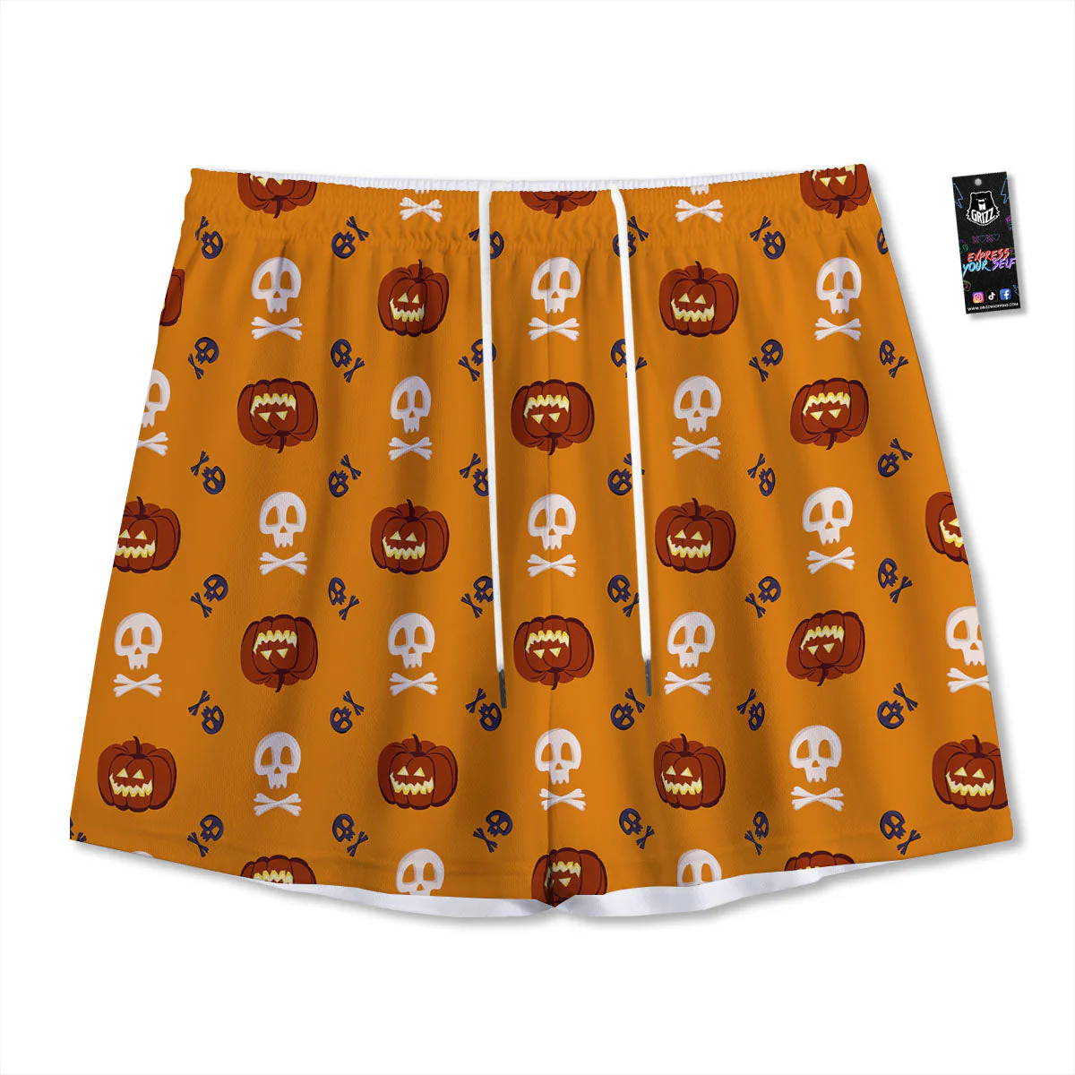 Pumkin And Skull Halloween Print Pattern Mesh Shorts