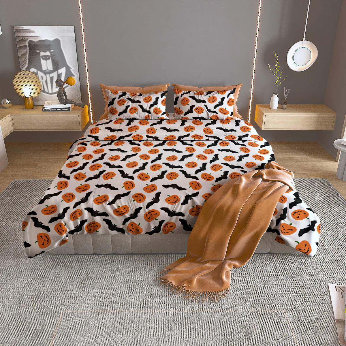 Pumpkin And Bat Halloween Print Pattern Duvet Cover Bedding Set