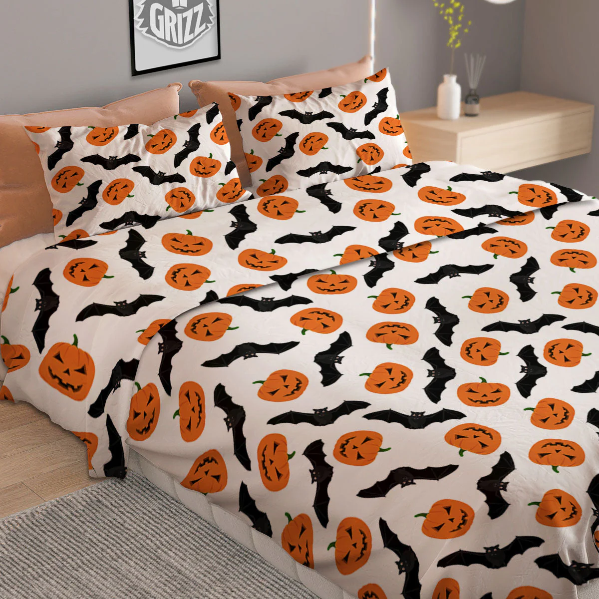 Pumpkin And Bat Halloween Print Pattern Duvet Cover Bedding Set - Image 2