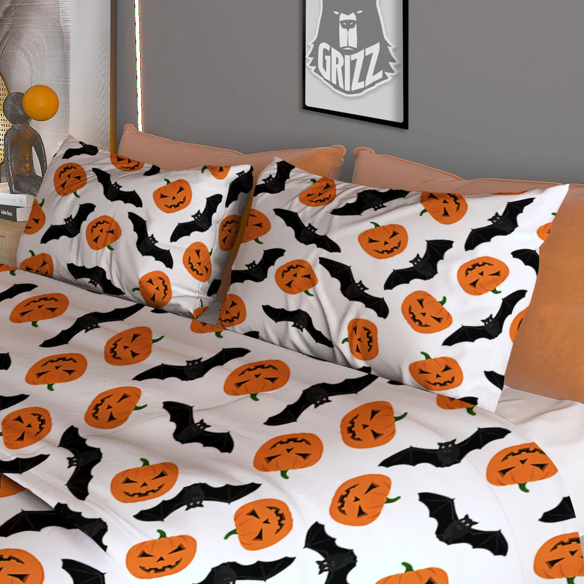 Pumpkin And Bat Halloween Print Pattern Duvet Cover Bedding Set - Image 3