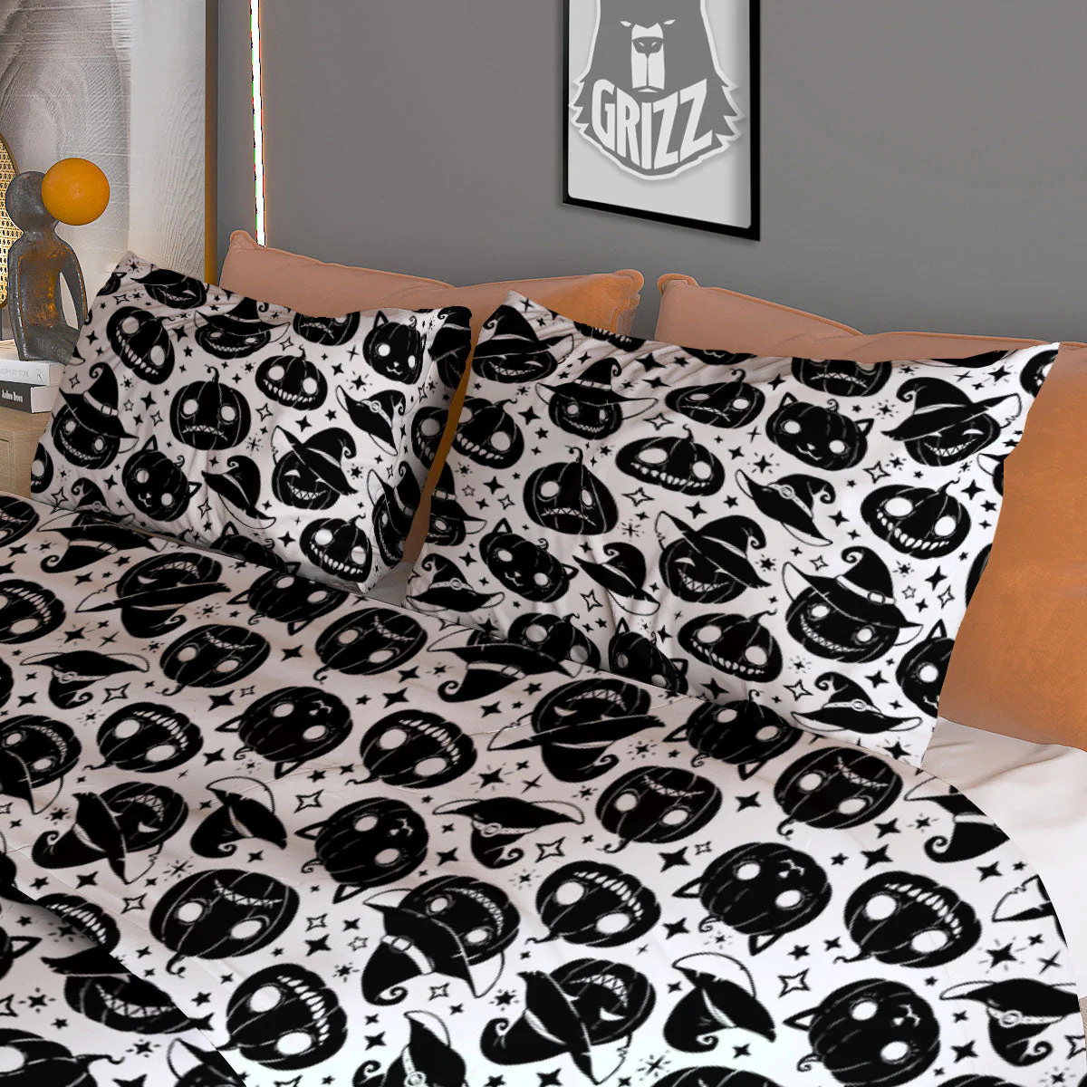 Pumpkin Black Halloween Print Pattern Duvet Cover Bedding Set - Image 3