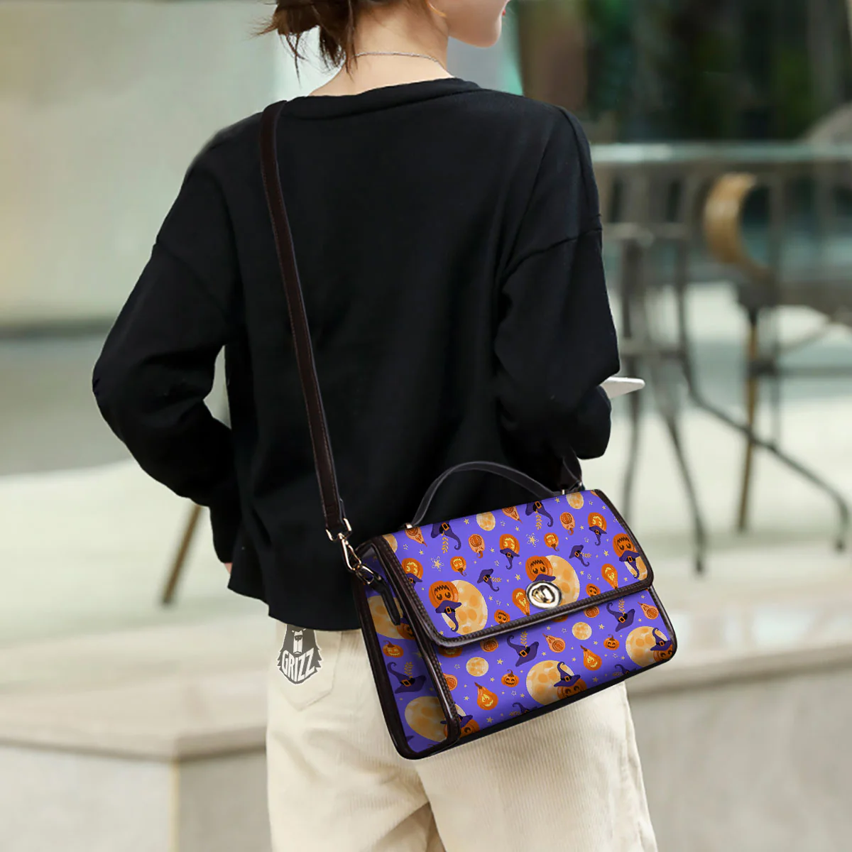 Pumpkin Halloween Purple Print Pattern Women's Satchel Bag - Image 3