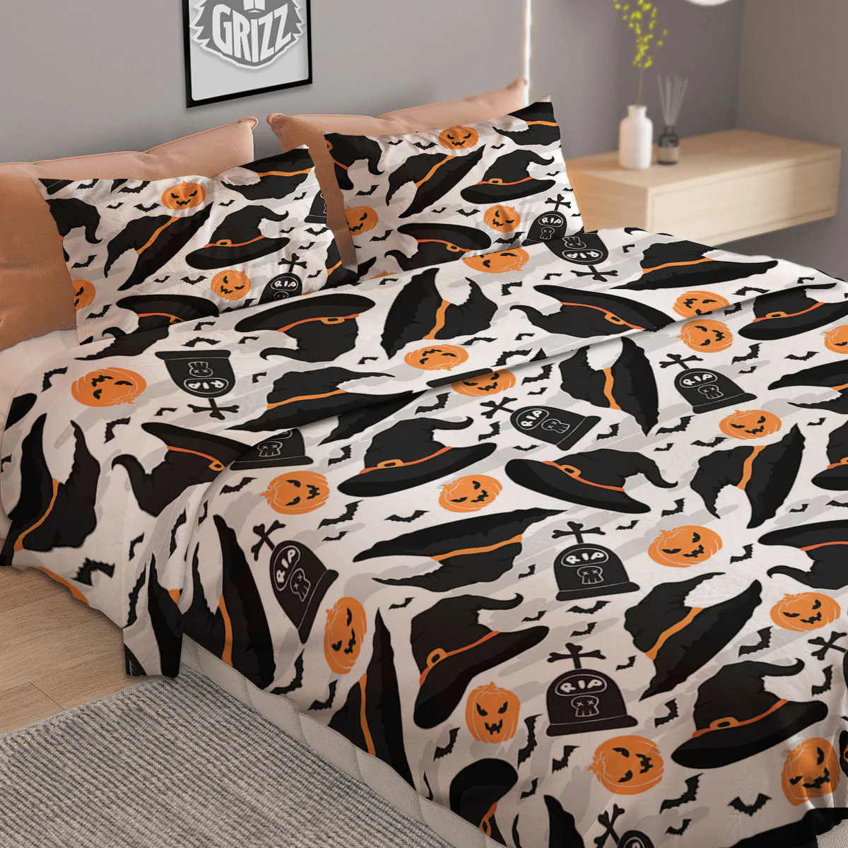 Pumpkin Witch Halloween Print Pattern Duvet Cover Bedding Set - Image 2