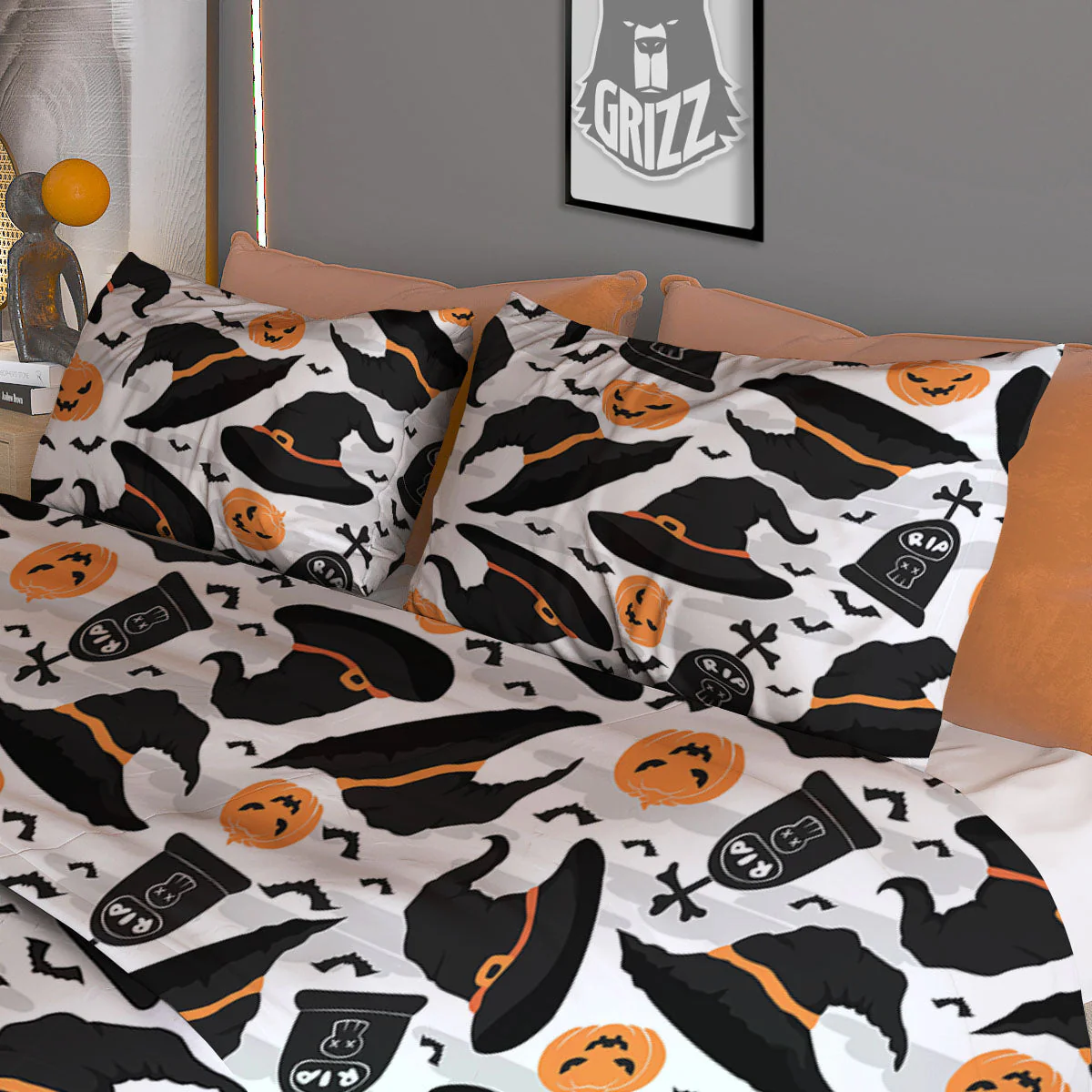 Pumpkin Witch Halloween Print Pattern Duvet Cover Bedding Set - Image 3