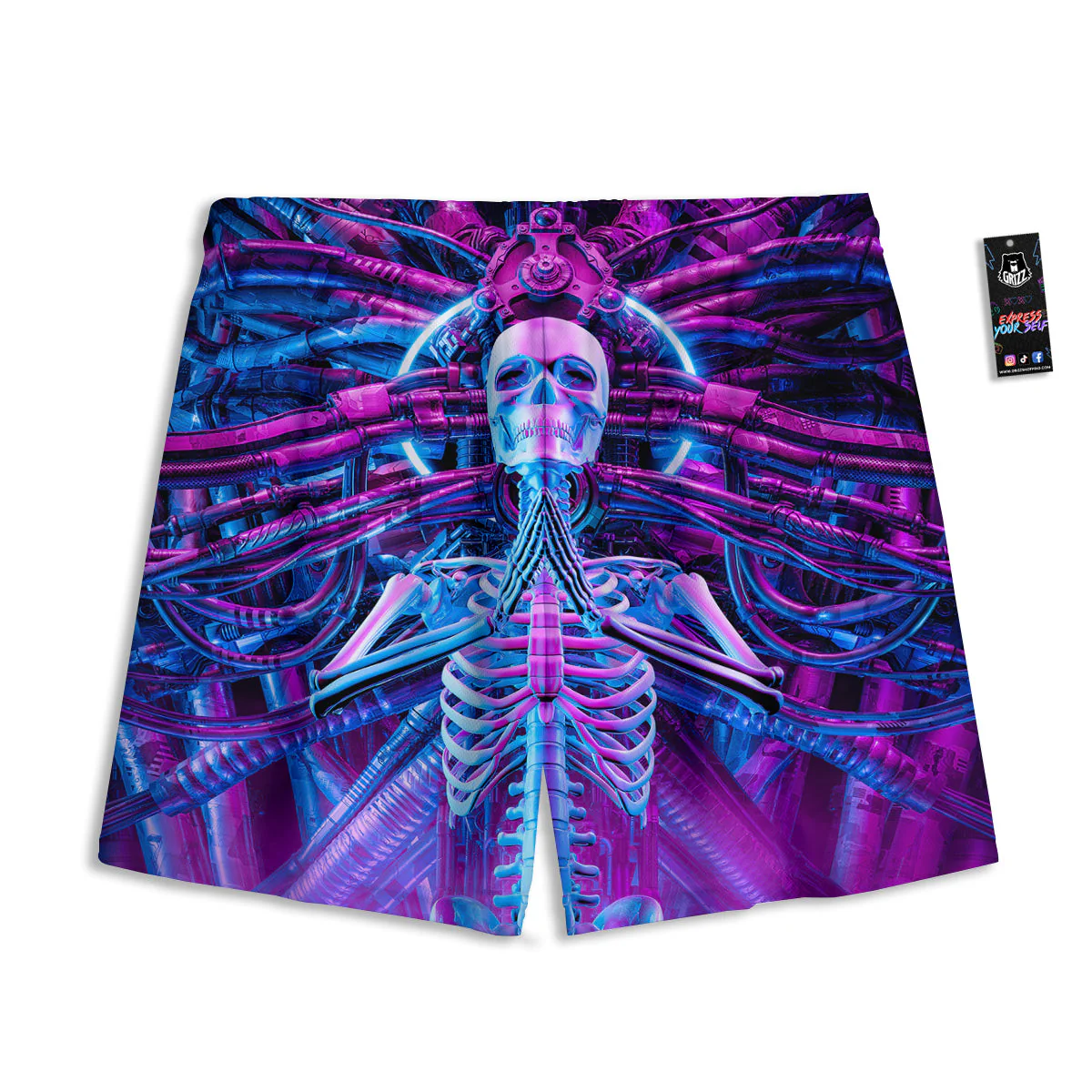 Purple Cyber Skeleton Print Mesh Shorts - Image 2