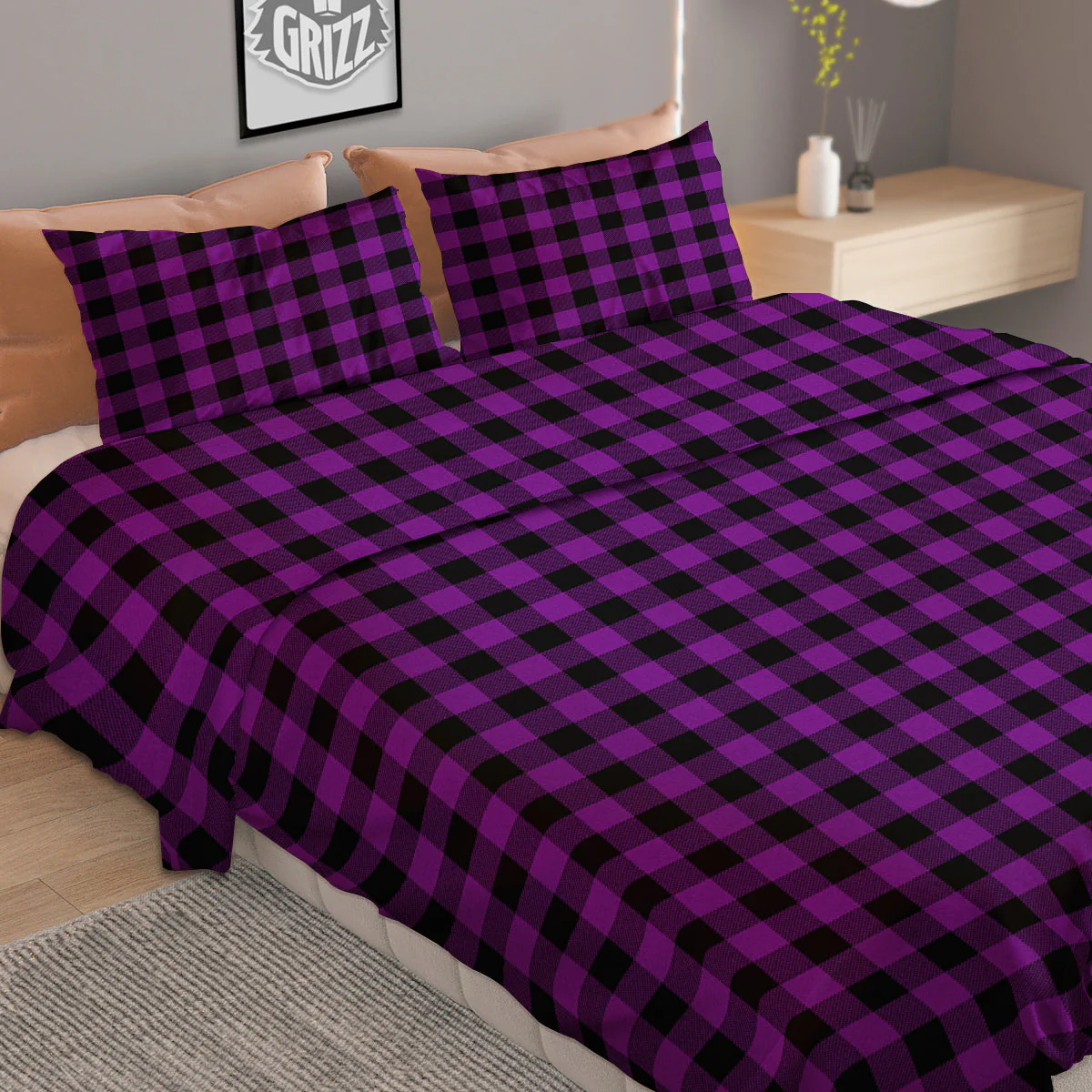 Purple Dark Check Print Pattern Duvet Cover Bedding Set - Image 2
