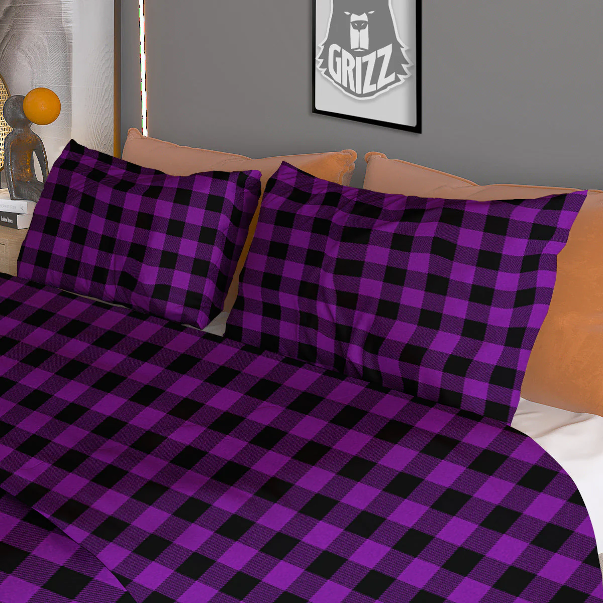 Purple Dark Check Print Pattern Duvet Cover Bedding Set - Image 3