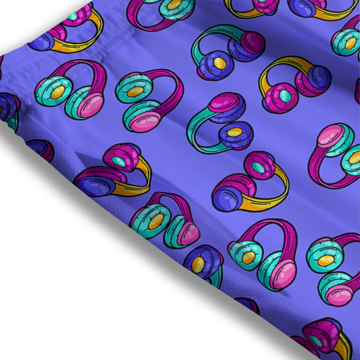 Purple Headphones Print Pattern Mesh Shorts - Image 3