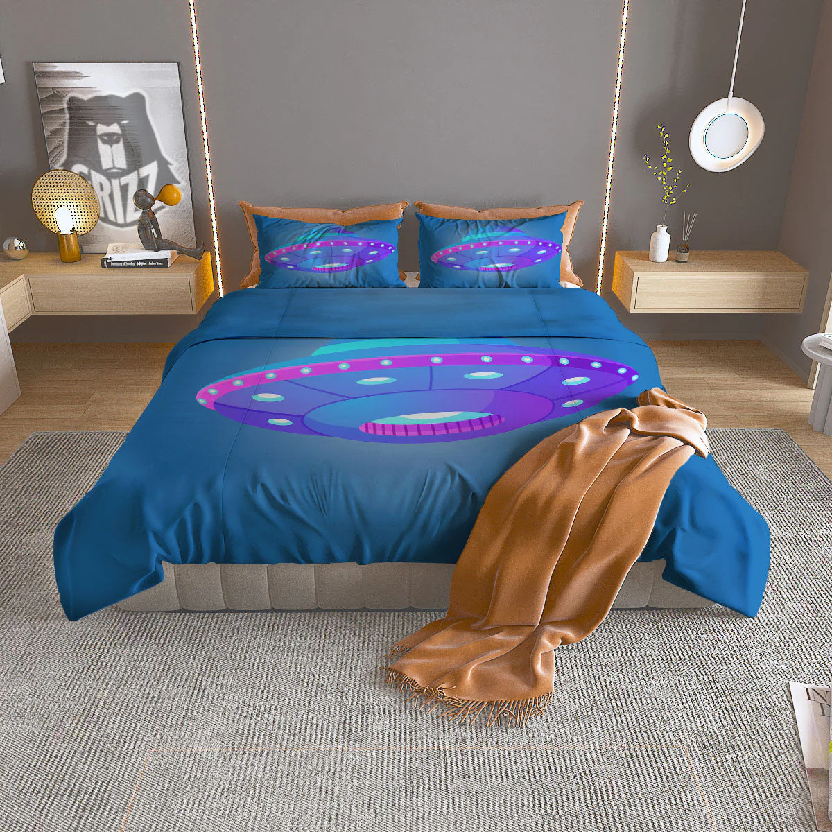 Purple Pink UFO Print Duvet Cover Bedding Set