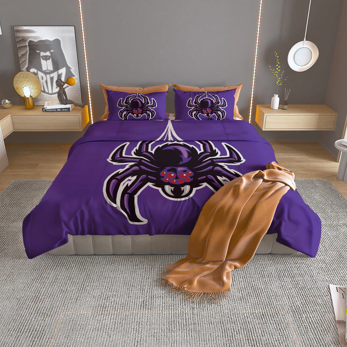 Purple Spider Print Duvet Cover Bedding Set
