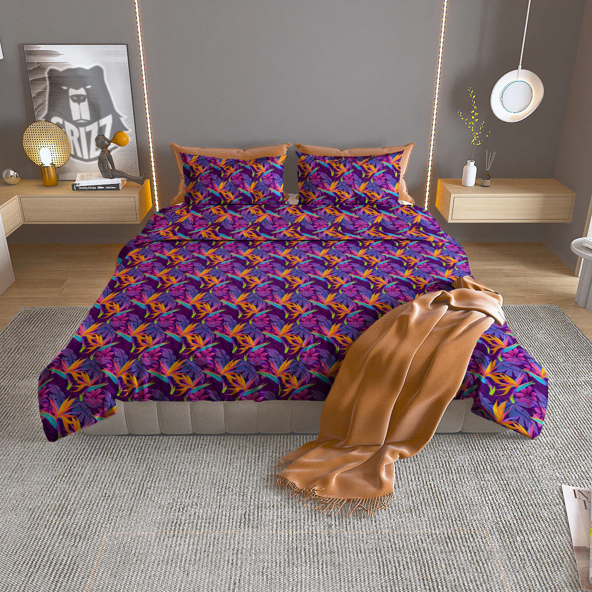 Purple Tropical Leaves Print Pattern Duvet Cover Bedding Set