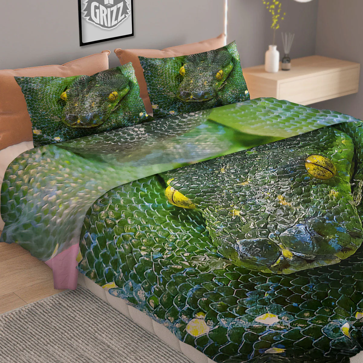 Python Snake Green Reticulated Print Duvet Cover Bedding Set - Image 2