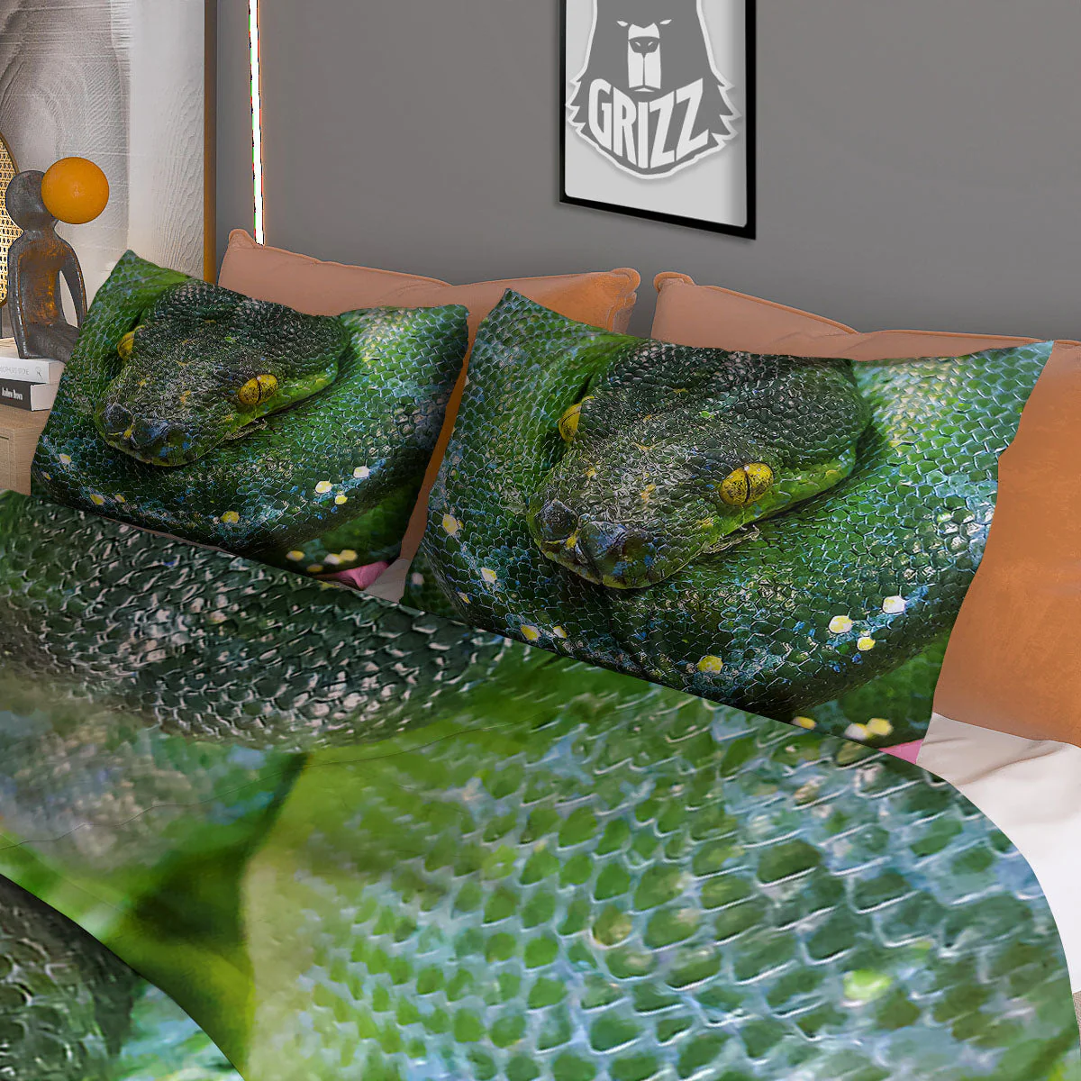 Python Snake Green Reticulated Print Duvet Cover Bedding Set - Image 3