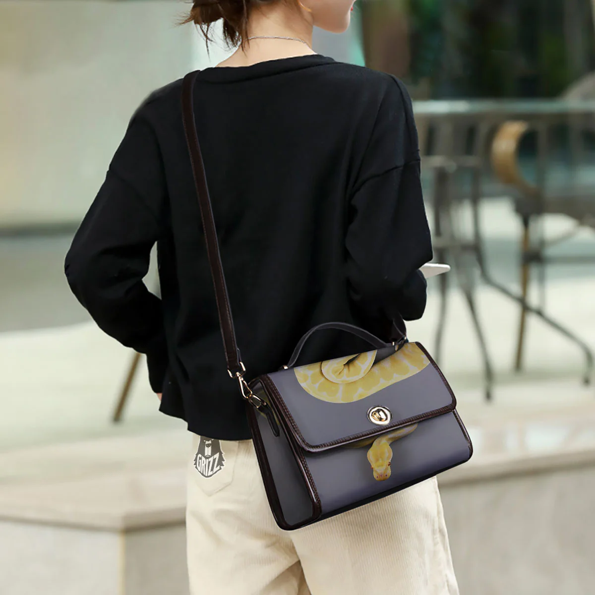 Python Snake Yellow And White Print Women's Satchel Bag - Image 3