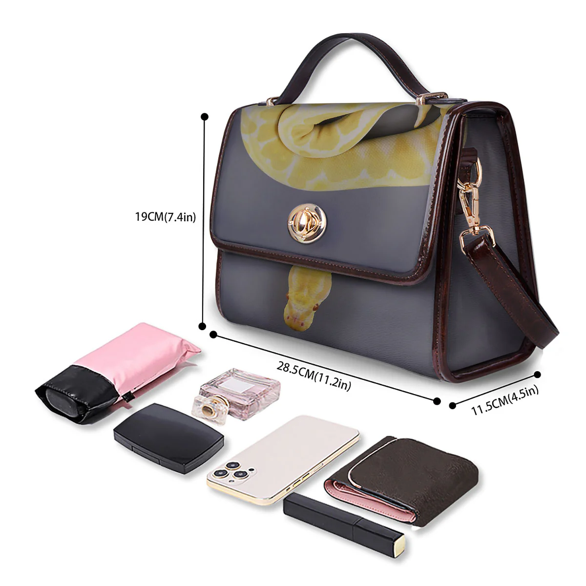 Python Snake Yellow And White Print Women's Satchel Bag - Image 4