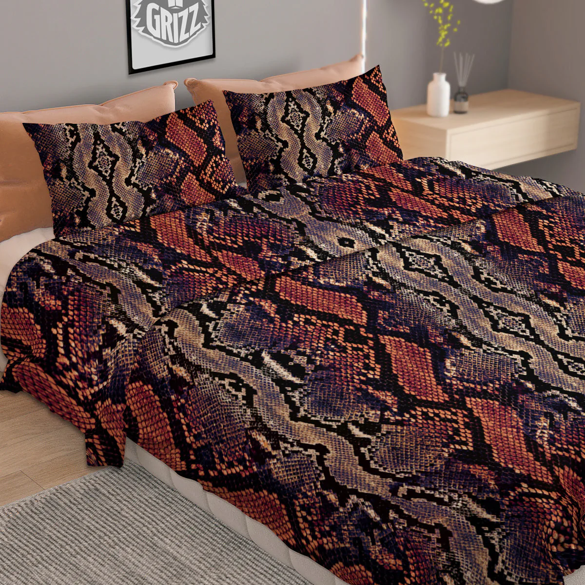 Python Snakeskin Brick Red Print Duvet Cover Bedding Set - Image 2